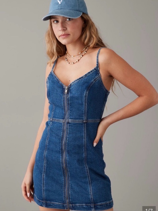 American Eagle Outfitters Dresses & Skirts - American Eagle Denim Zip-Front Mini Dress Women's Size Large Stretch Y2K